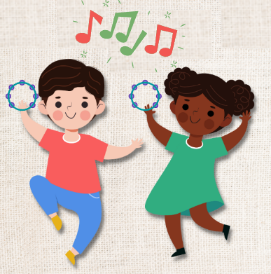 cartoon children dancing with tamborines