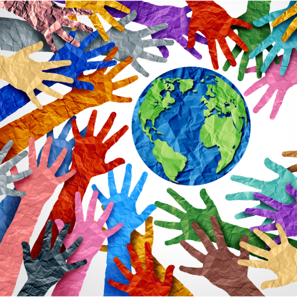 many colored hands reaching toward Earth