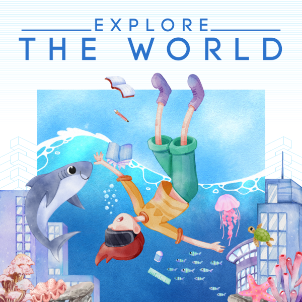 cartoon kid upside down in water looking at cityscape and shark
